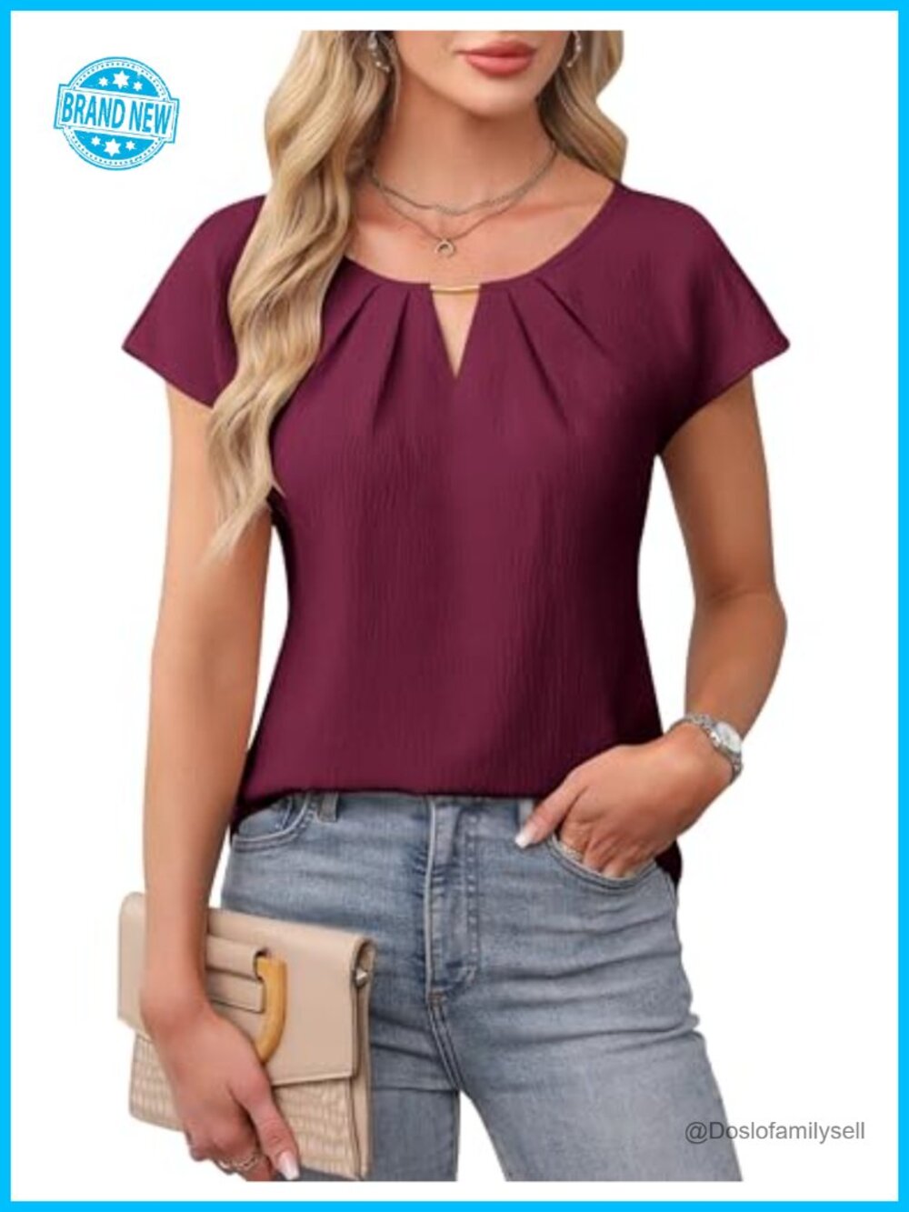 Womens Textured Short Sleeve Blouse Loose Fit Business Casual Work Top